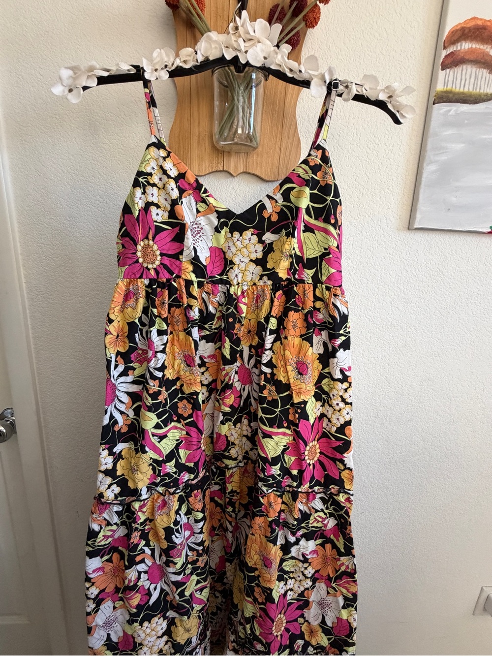 Forever 21 Black Floral Tiered Sundress with Pink and Yellow Flowers